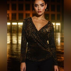 Susan Lawrence Velvet Burnout Wrap Top Bronze Black Animal Abstract Size S/M